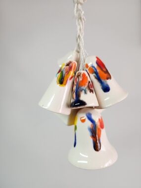 Hand-Painted White Ceramic 7 Bells Cluster - Colorful Accent Home Art